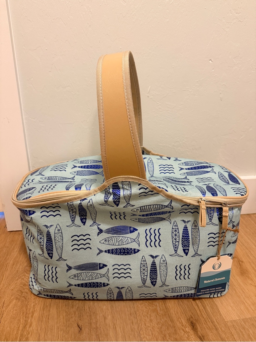 Sea Fish Print Insulated Picnic Bag - Blue & Tan
